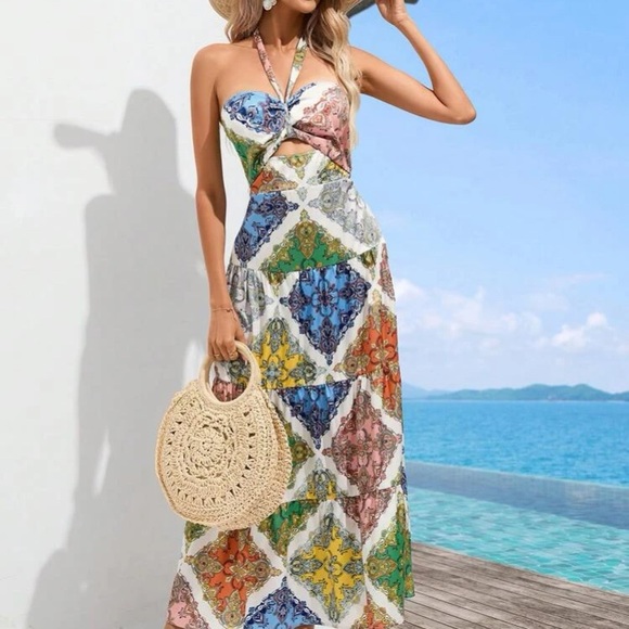 Scarf Print Tie Backless Halter Dress - Picture 6 of 6